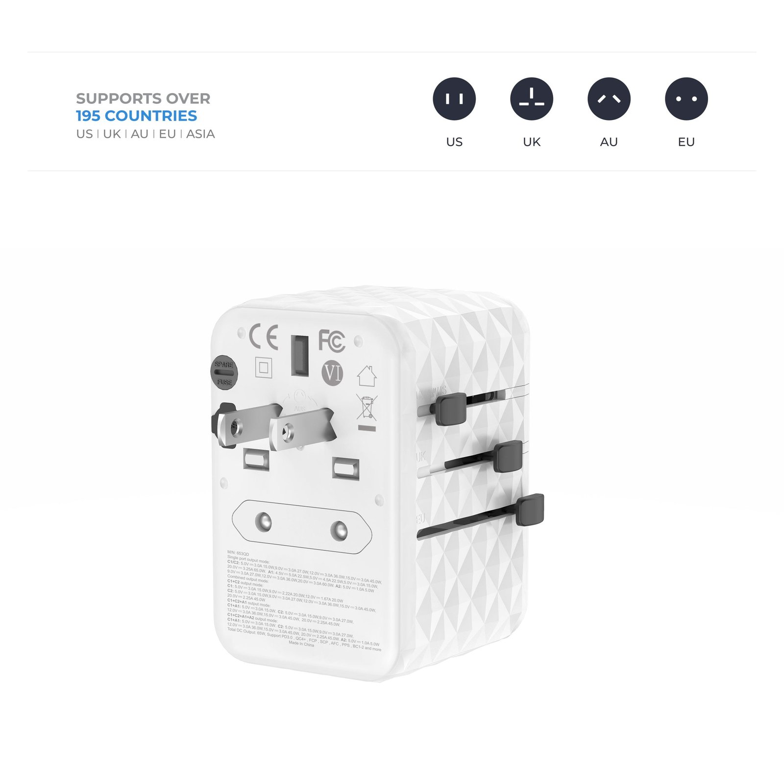 BLUPEBBLE PASSPORT 2.1 WORLD TRAVEL ADAPTER WITH PD 65W + 2 USB-C + 2USB-A - Image 11