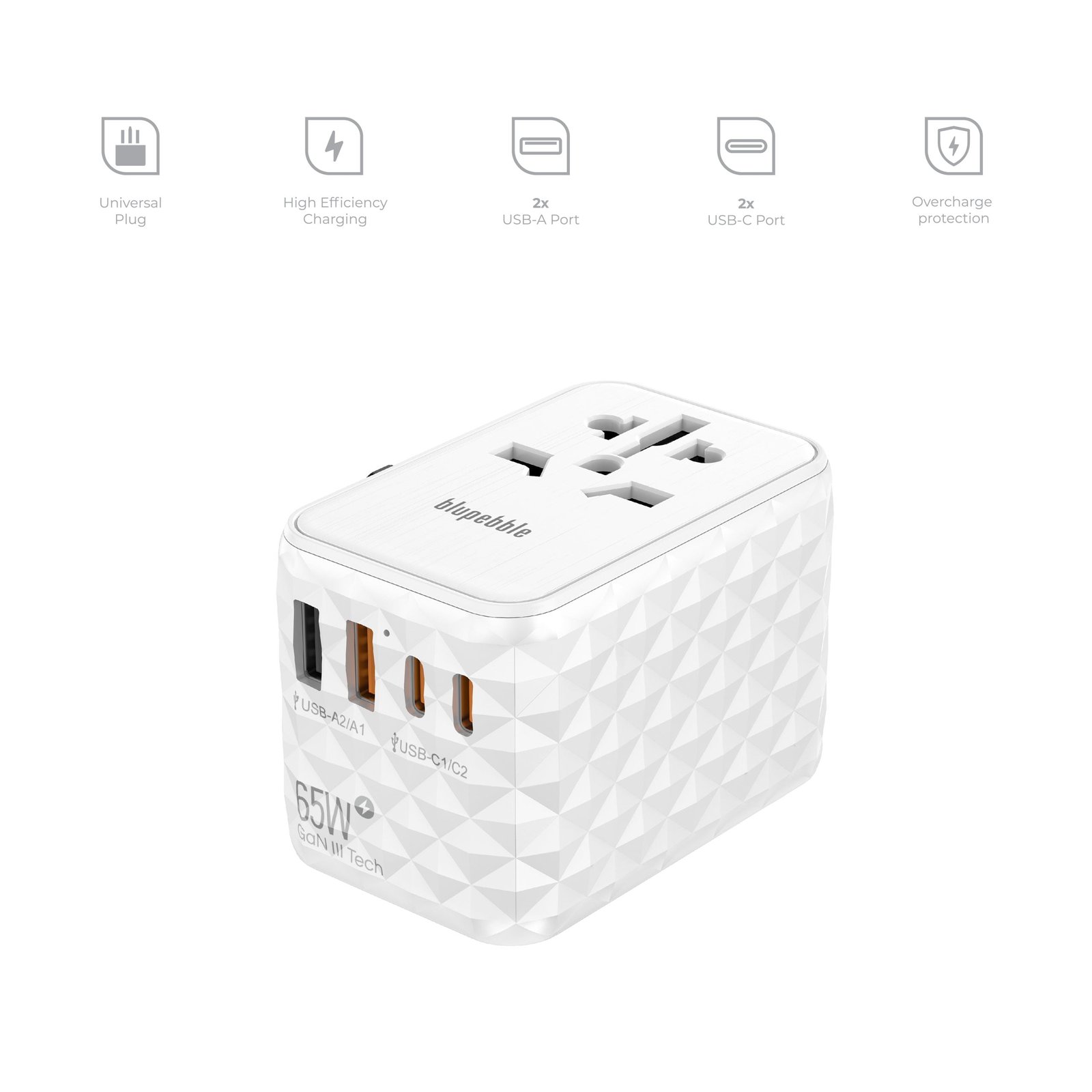 BLUPEBBLE PASSPORT 2.1 WORLD TRAVEL ADAPTER WITH PD 65W + 2 USB-C + 2USB-A - Image 9