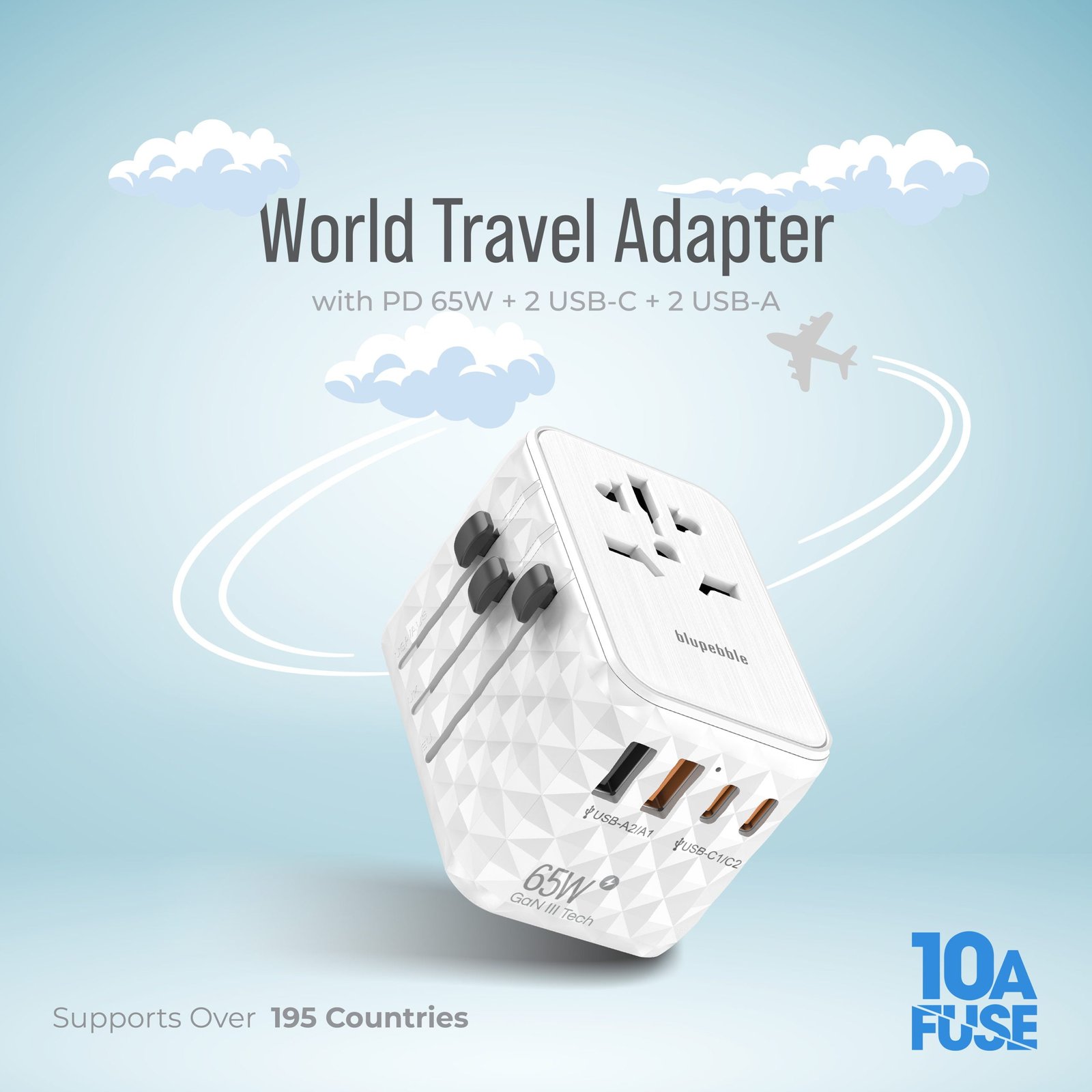 BLUPEBBLE PASSPORT 2.1 WORLD TRAVEL ADAPTER WITH PD 65W + 2 USB-C + 2USB-A - Image 7