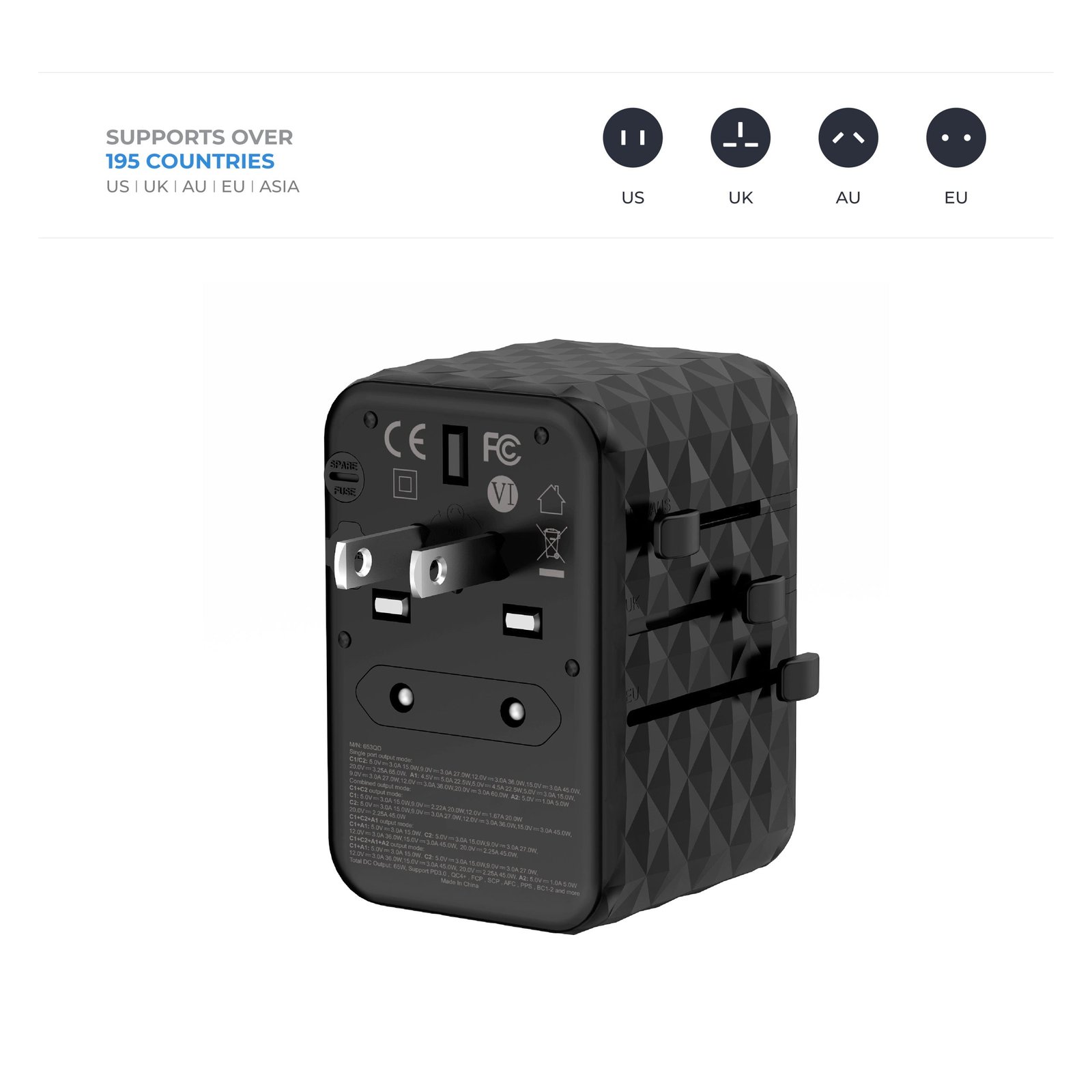 BLUPEBBLE PASSPORT 2.1 WORLD TRAVEL ADAPTER WITH PD 65W + 2 USB-C + 2USB-A - Image 4