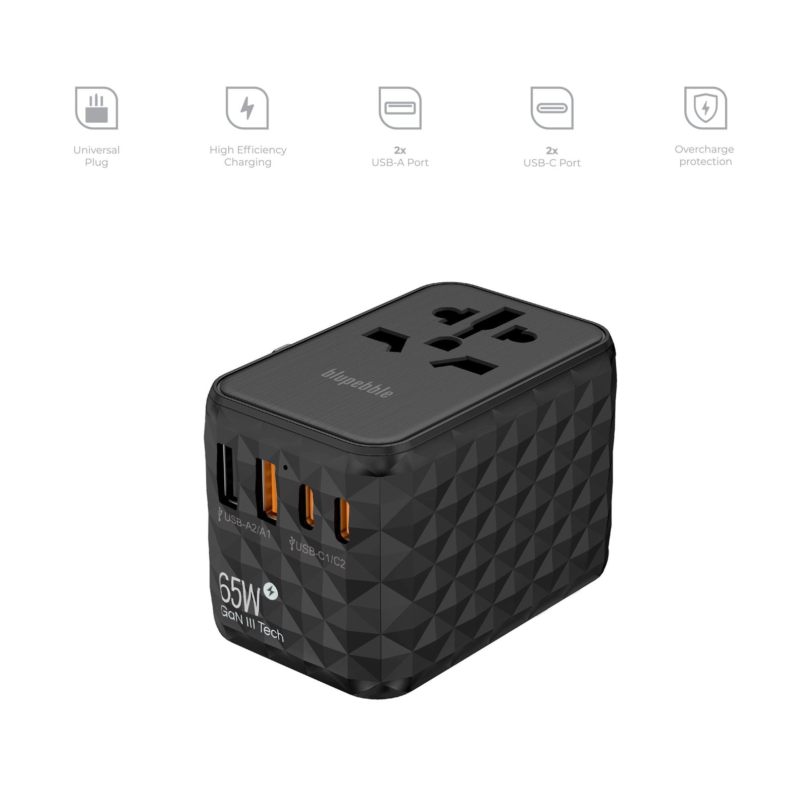 BLUPEBBLE PASSPORT 2.1 WORLD TRAVEL ADAPTER WITH PD 65W + 2 USB-C + 2USB-A - Image 15