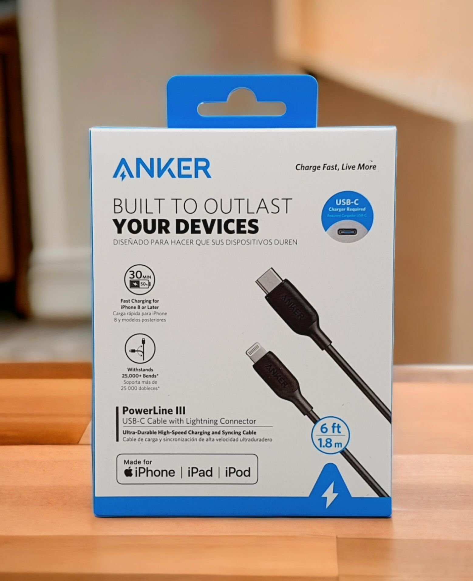 ANKER POWERLINE III USB-C TO LIGHTNING 2.0 CABLE 6FT BLACK/WHITE - Image 2