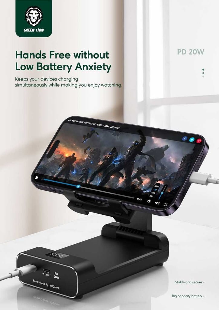 GREEN LION POWER BANK 10000MAH & FOLDABLE MOBILE STAND BLACK GNFLDPBSTBK - Image 2