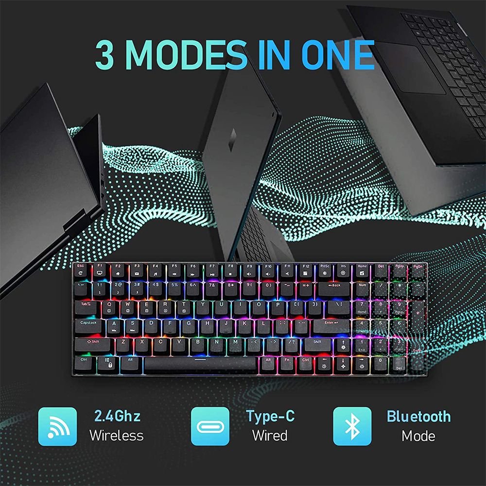 ROYAL KLUDGE GAMING KEYBOARD RGB TRI MODE HOT PLUG BLUE SWITCH BLACK RK100 - Image 2