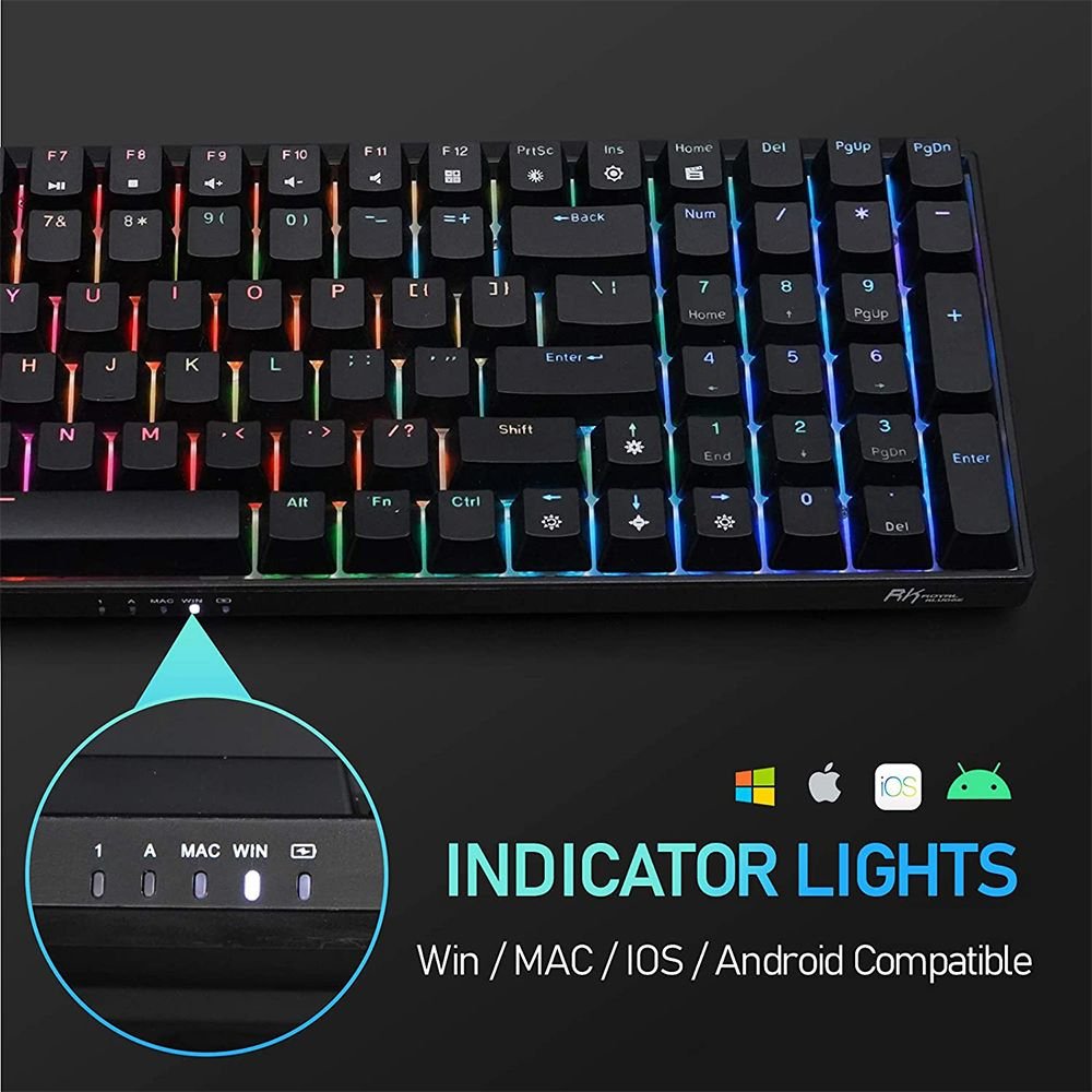ROYAL KLUDGE GAMING KEYBOARD RGB TRI MODE HOT PLUG BLUE SWITCH BLACK RK100 - Image 4