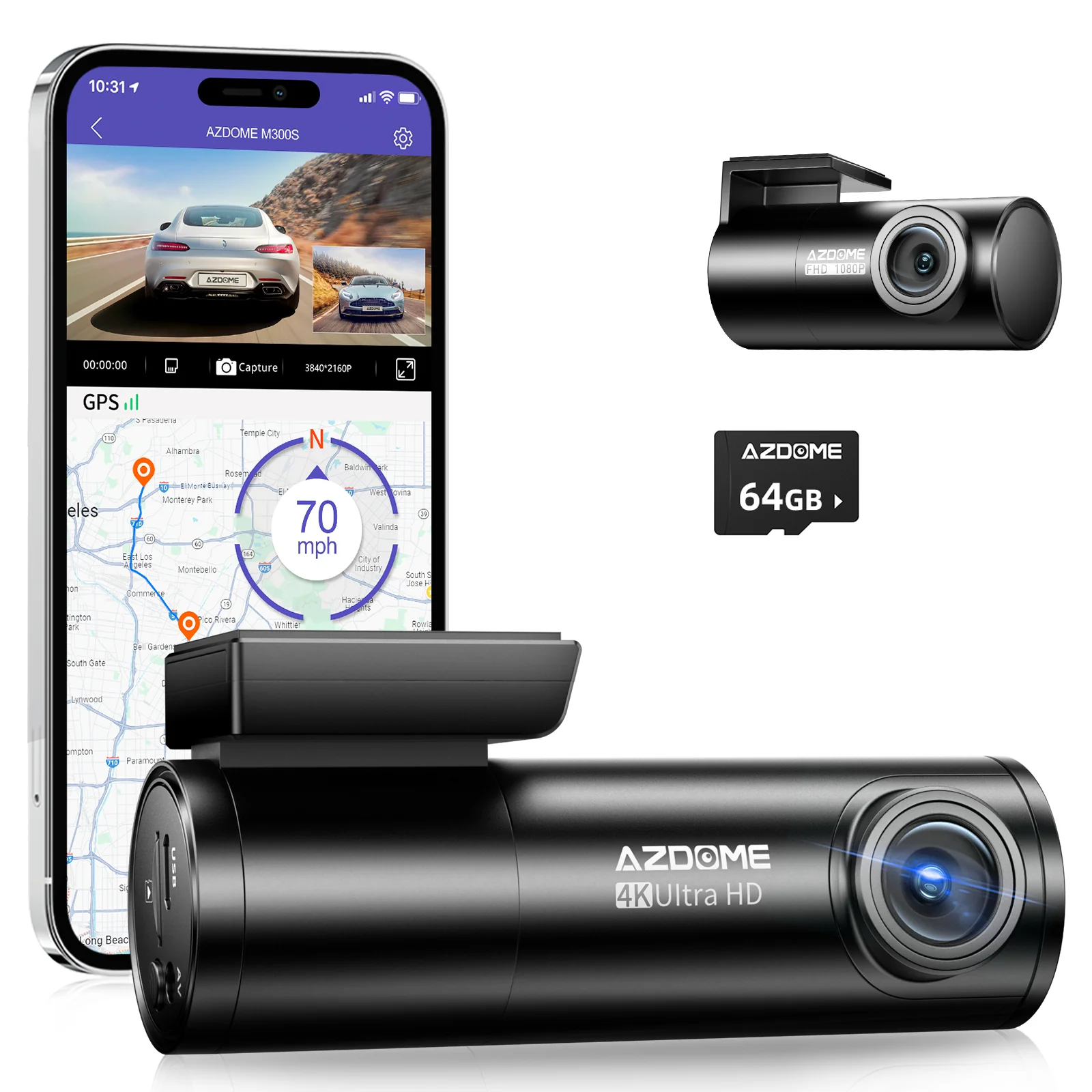 AZDOME M300S 4K Dash Cam with Rear Cam