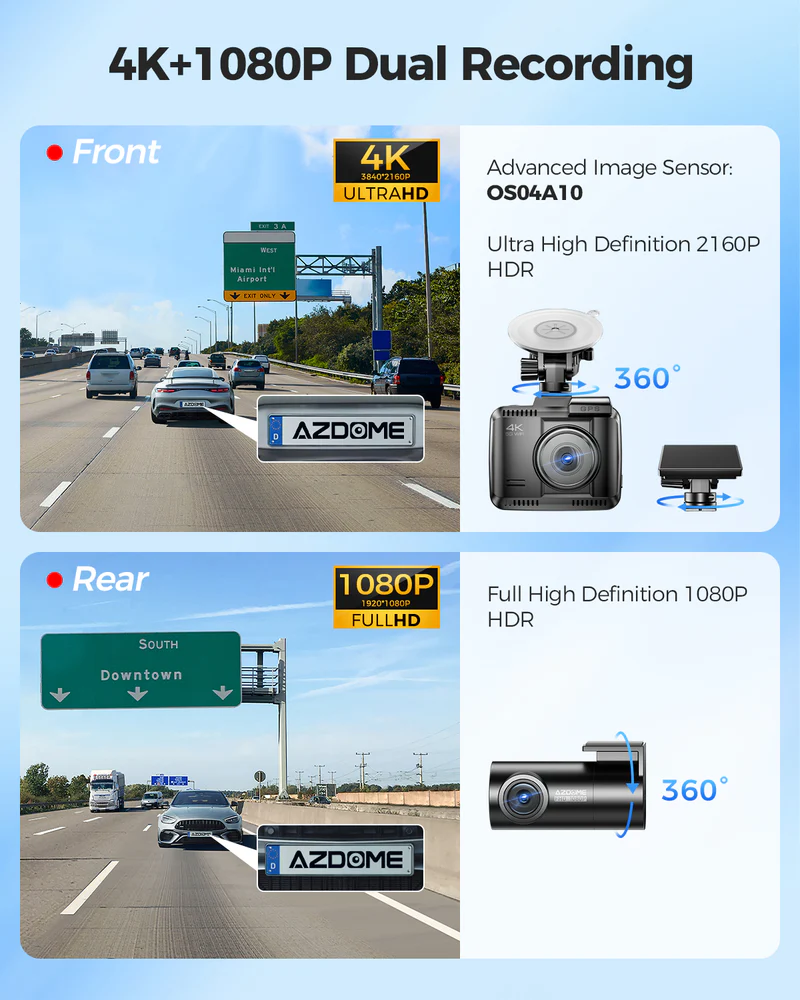 AZDOME Front and Rear Dash Camera Kit with 4K, Super Night Vision, 128GB eMMC - GS63 Pro - Image 7