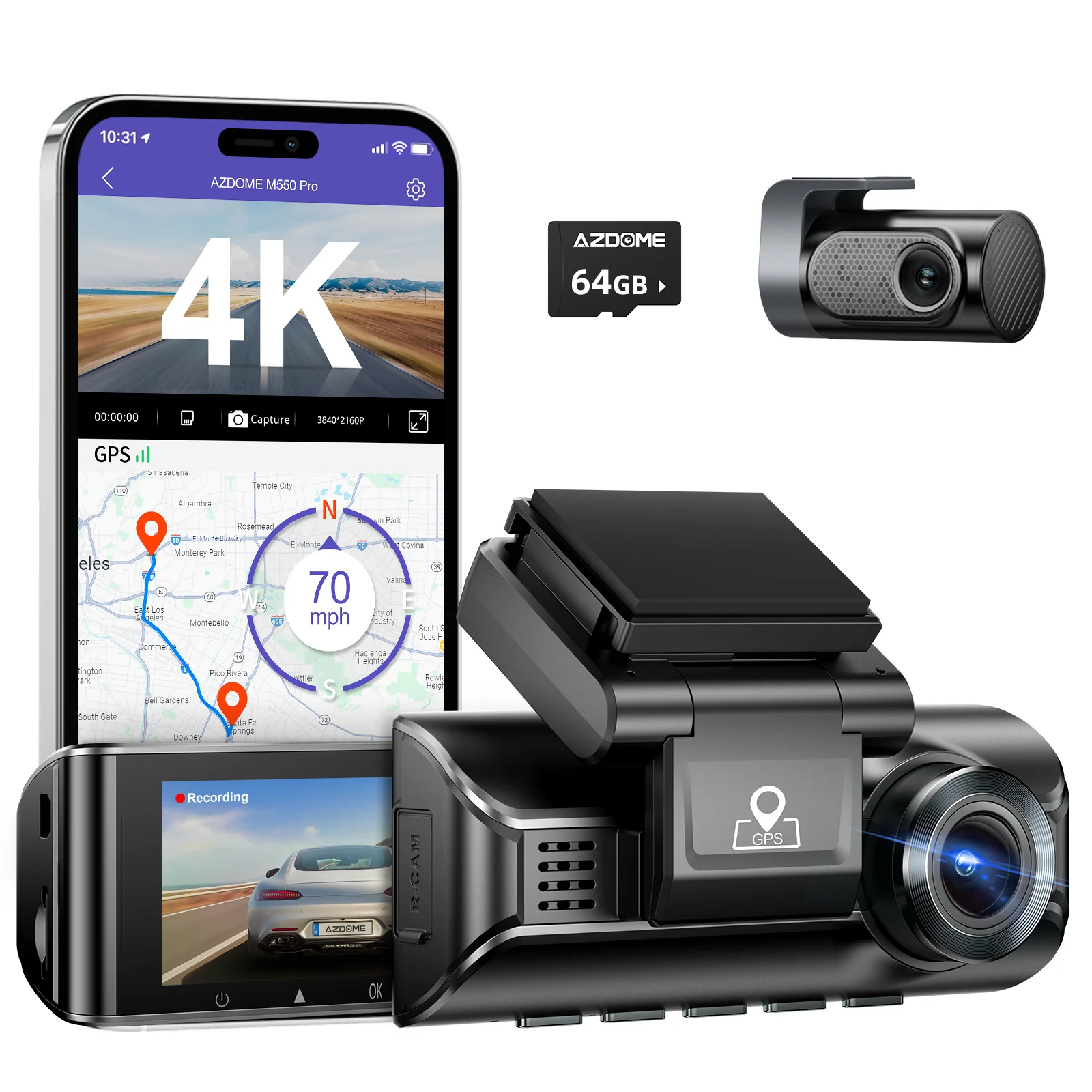 AZDOME M550 Max 4K Dash Cam with 64GB Memory Card