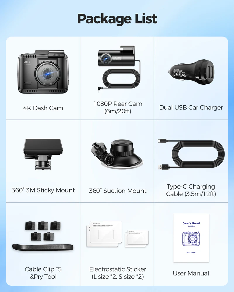 AZDOME Front and Rear Dash Camera Kit with 4K, Super Night Vision, 128GB eMMC - GS63 Pro - Image 3